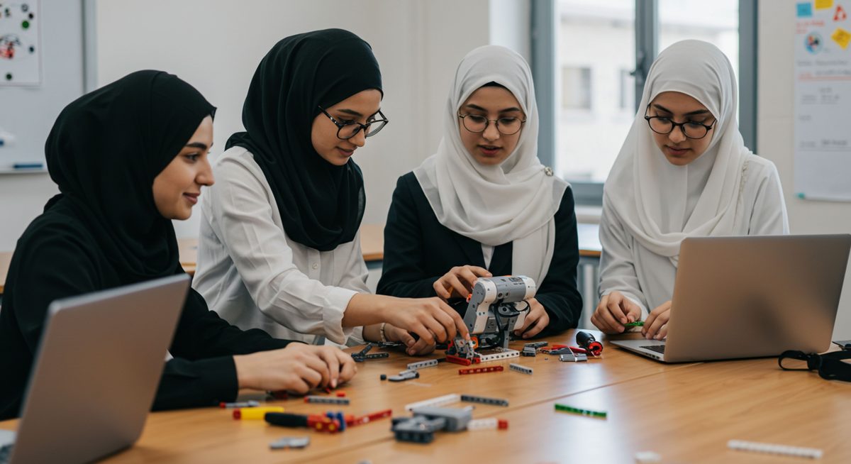 Muslim girls building and programming robots together